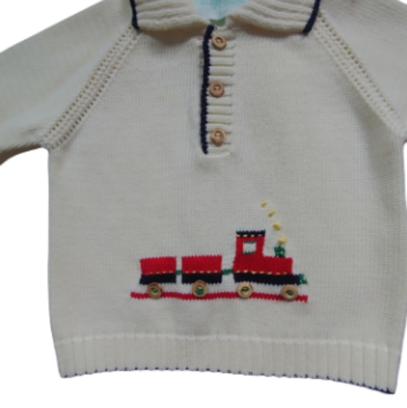 Grandma Nes Ivory Holiday Embroidered Train Button Sweater Size 3 - Picture 2 of 4